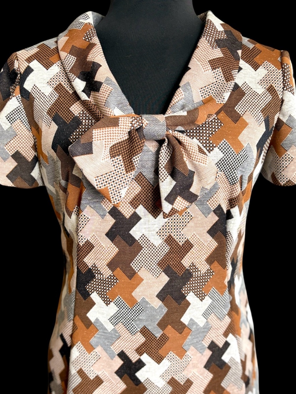 70s Party Dress Midi Cocktail Dress With Bow Sexy Secretary Retro Pattern Volup